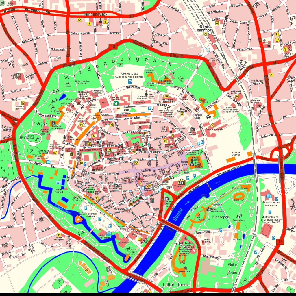 Stadtplan heute mit rot eingezeichneten Festungsbauwerken